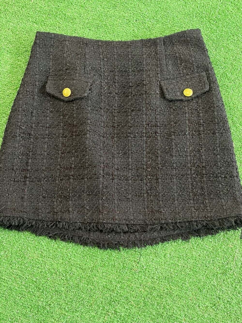 Express Black Tweed A-Line Mini Skirt with Gold Tone Button Pockets